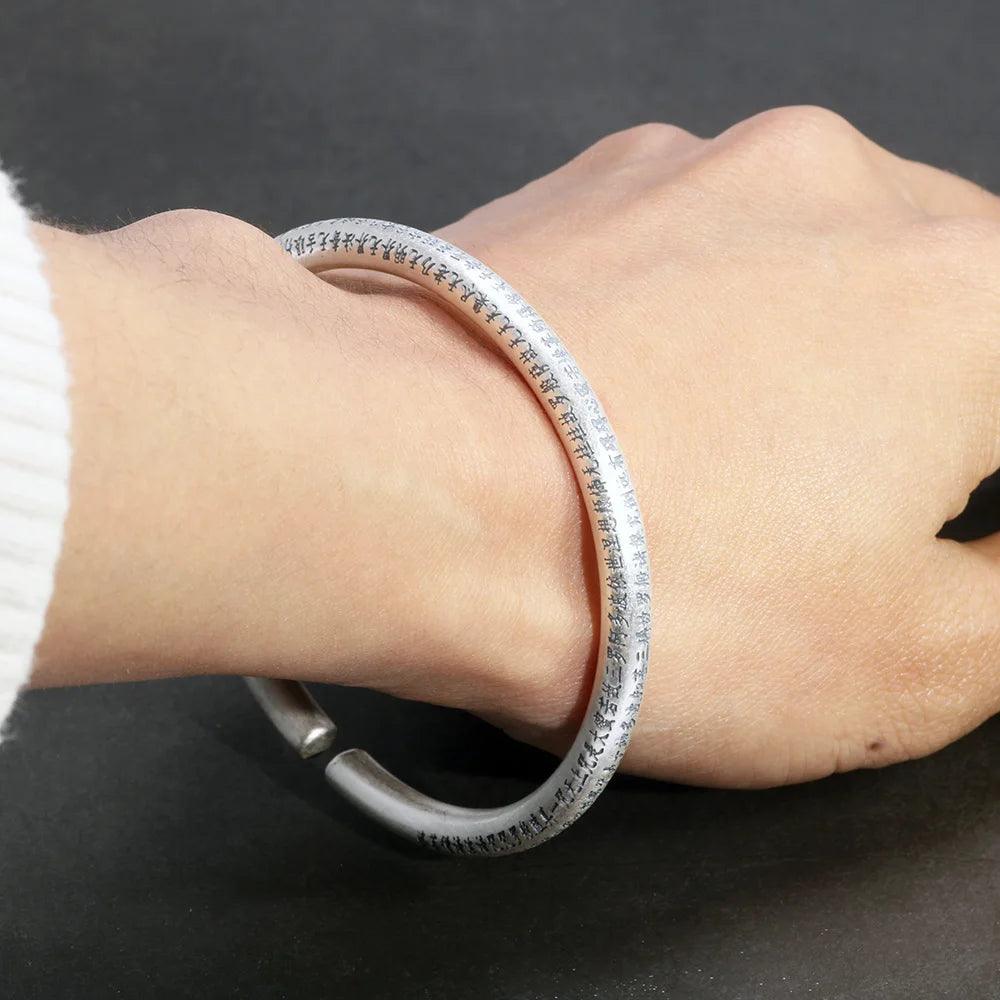 999 Pure Silver Bangles for Women Heart Sutra Buddhist Scriptures Engraved Mother Lover Gift Fine Sterling Silver Jewelry - GQTORCH Jewelry