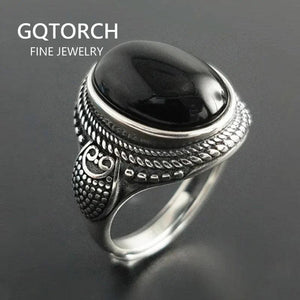 Real Pure 925 Sterling Silver Natural Black Onyx Stone Rings For Women Vintage Style Thai Silver Resizable Open Type - GQTORCH Jewelry