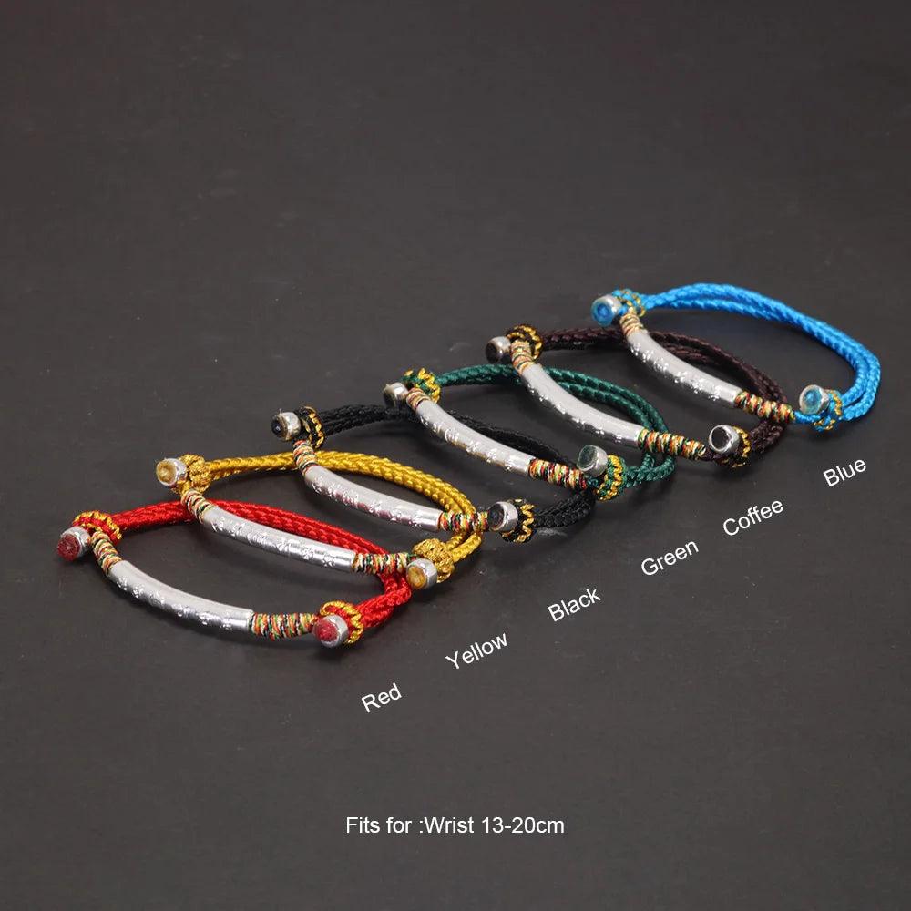 Multi Color Lucky Rope Bracelet 925 Sterling Silver Tube Six Character Religious Adjustable Handmade Jewelry - GQTORCH Jewelry