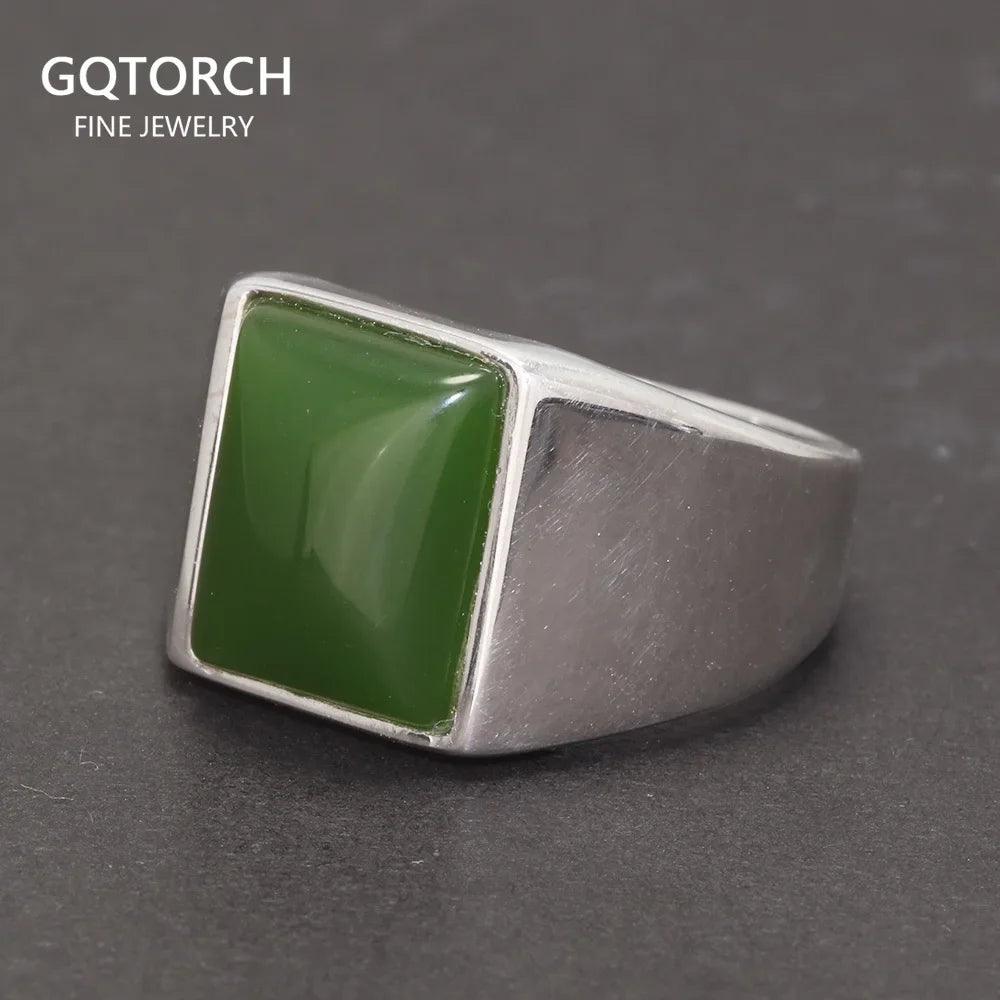 Real 925 Sterling Silver Green Agate Ring for Men Square Shape Natural Gemstone Band Minimalism Jewelry - GQTORCH Jewelry