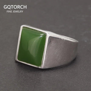 Real 925 Sterling Silver Green Agate Ring for Men Square Shape Natural Gemstone Band Minimalism Jewelry - GQTORCH Jewelry