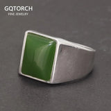 Real 925 Sterling Silver Green Agate Ring for Men Square Shape Natural Gemstone Band Minimalism Jewelry - GQTORCH Jewelry