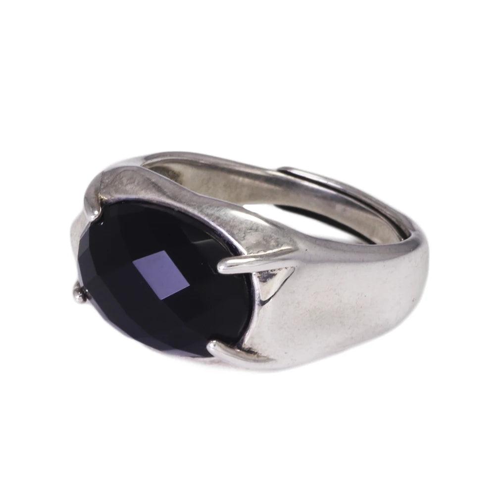 Real Pure 925 Silver Ring Women and Men Natural Stone Black Agate Oval Faceted US6-10 Adjustable Fine Jewelry - GQTORCH Jewelry