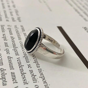 Vintage 925 Sterling Silver Women Rings with Oval Natural Onyx Black Stone Adjustable Size Opening Type - GQTORCH Jewelry