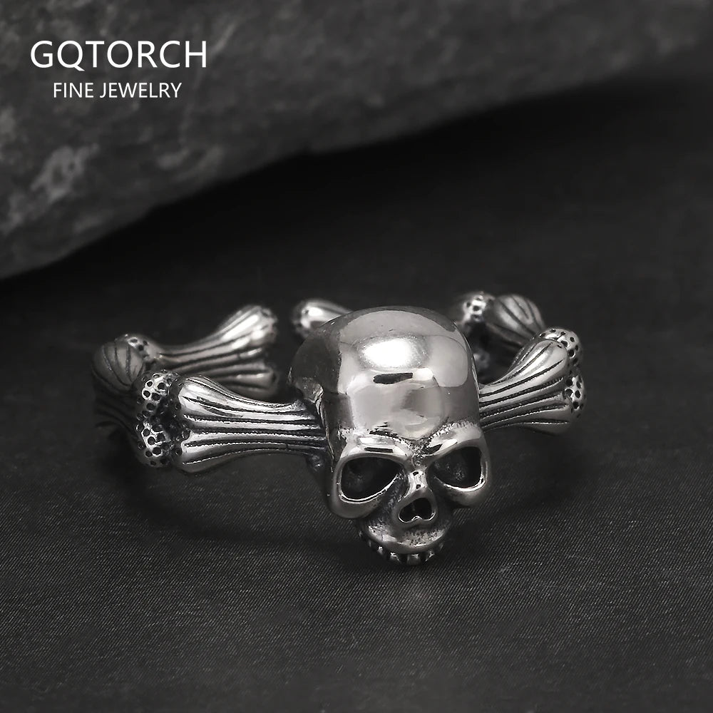 925 Sterling Silver Gothic Skull Head Ring Adjustable Cool Punk Skeleton Rings Hip-hop Retro Party Jewelry Accessories