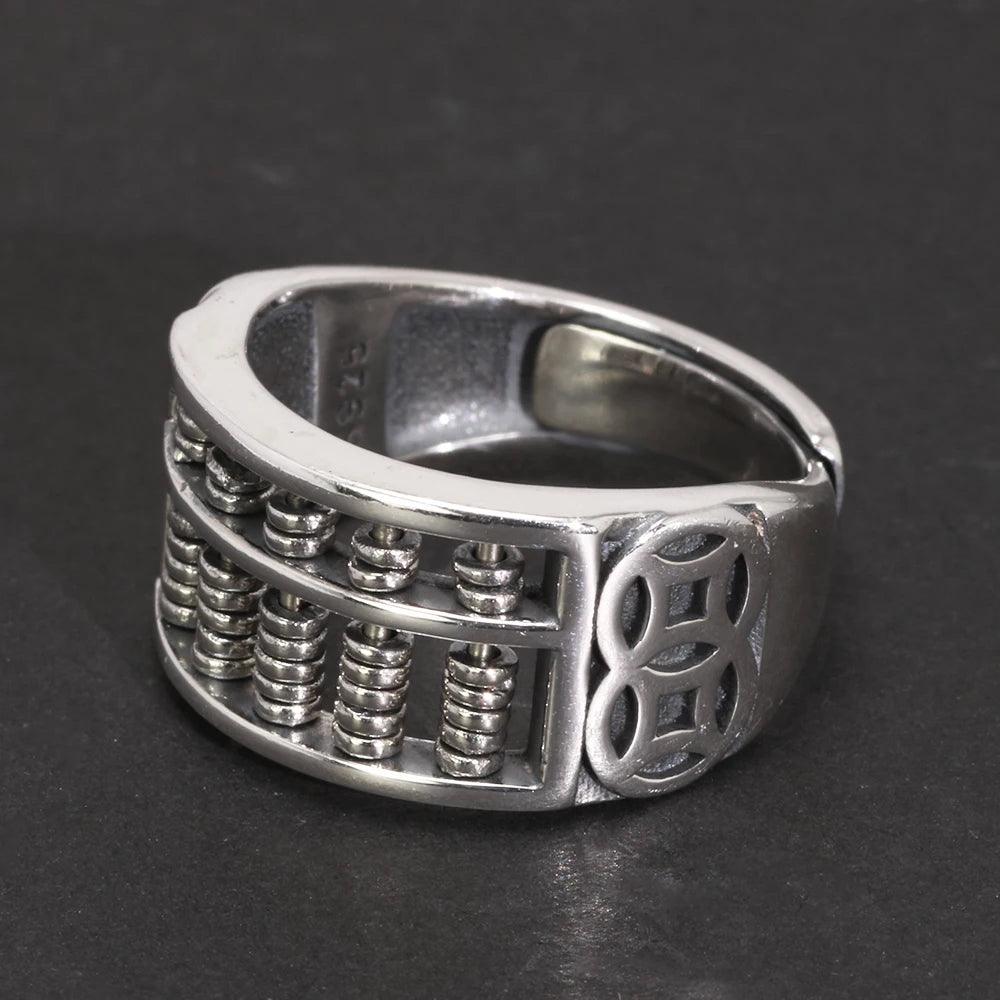 Real S925 Vintage Sterling Silver Wealth Coin Abacus Ring Open Style Men's and Women's Feng Shui Jewelry - GQTORCH Jewelry