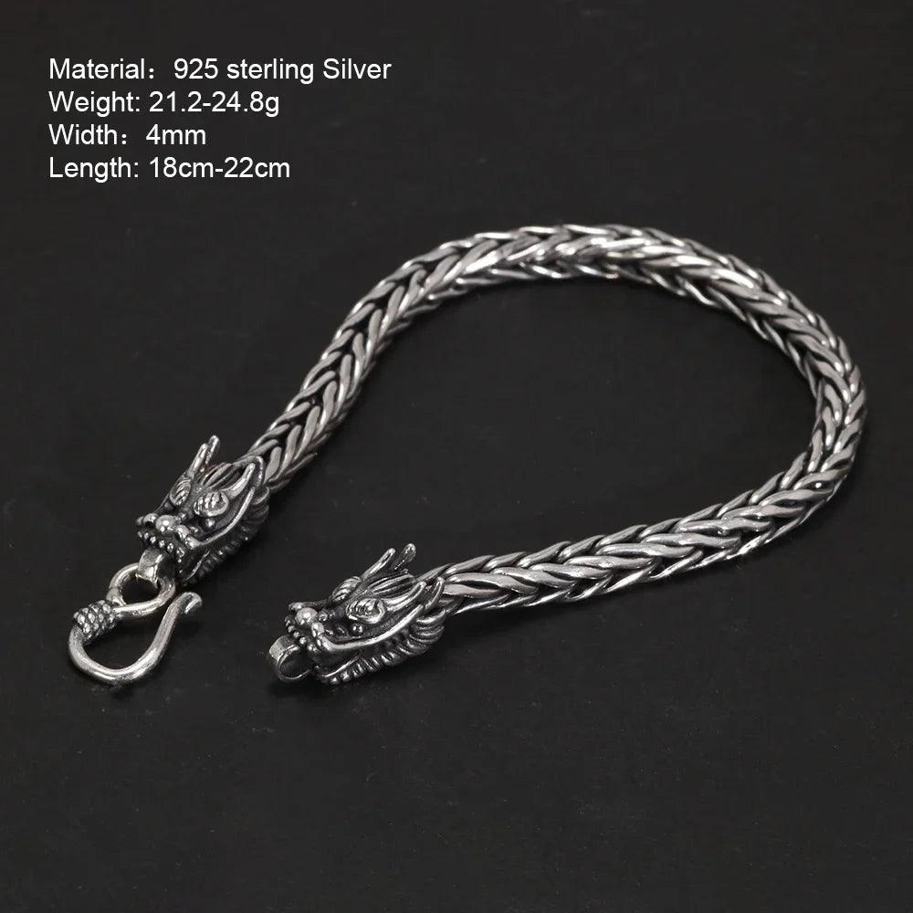 Real Pure 925 Sterling Silver Double Dragon Heads Wristband Handwoven Chain Bracelet Viking Jewelry - GQTORCH Jewelry