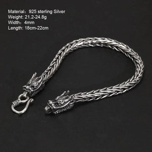 Real Pure 925 Sterling Silver Double Dragon Heads Wristband Handwoven Chain Bracelet Viking Jewelry - GQTORCH Jewelry