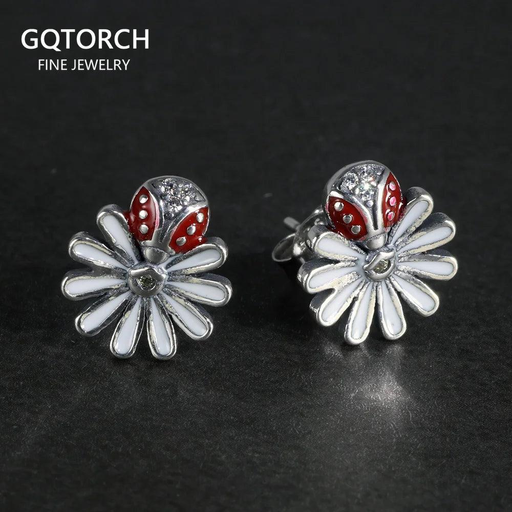 Real Sterling Silver 925 Earrings Sweet Cute Daisy & Insects Earrings For Women Ladies Fine Jewellery Bijoux - GQTORCH Jewelry