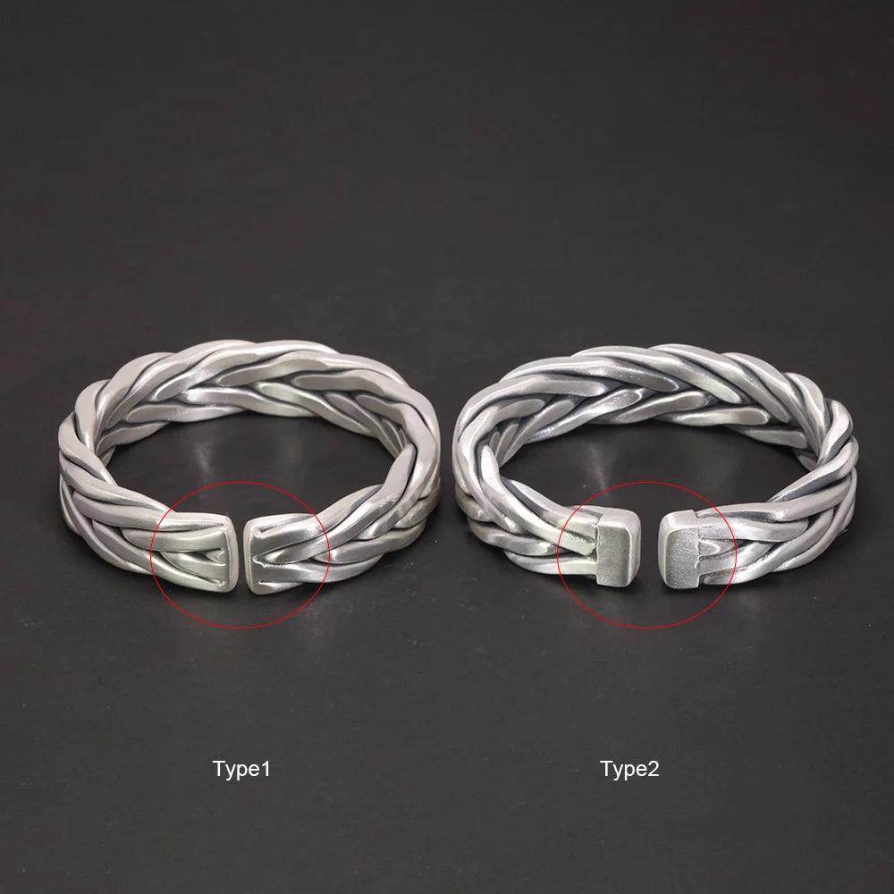 Heavy 999 Sterling Silver Braided Bracelet For Men Retro Solid Thick Handmade Viking Jewelry Opening Adjustable - GQTORCH Jewelry