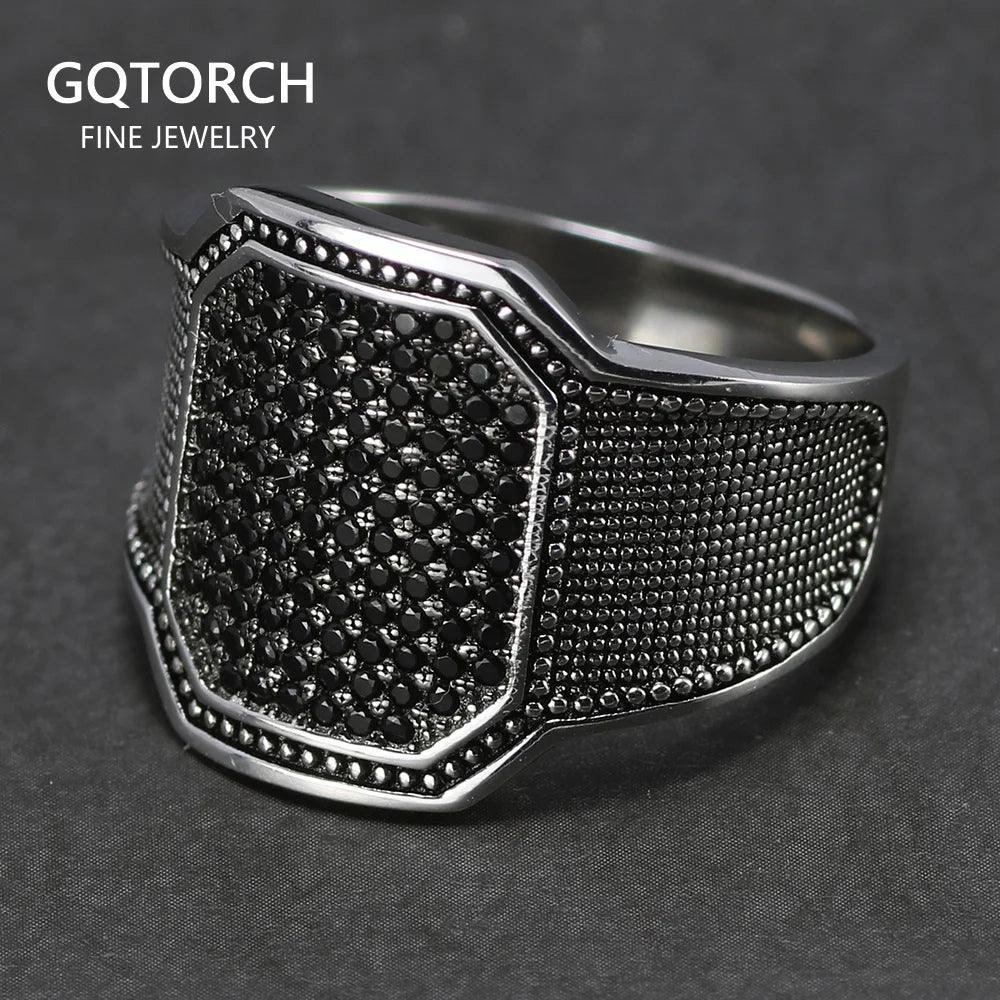 Solid 925 Silver Rings Cool Retro Vintage Turkish Ring Wedding Jewelry For Men Black Zircon Stone Curved Design Comfortable Fits - GQTORCH Jewelry