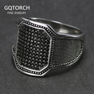 Solid 925 Silver Rings Cool Retro Vintage Turkish Ring Wedding Jewelry For Men Black Zircon Stone Curved Design Comfortable Fits - GQTORCH Jewelry