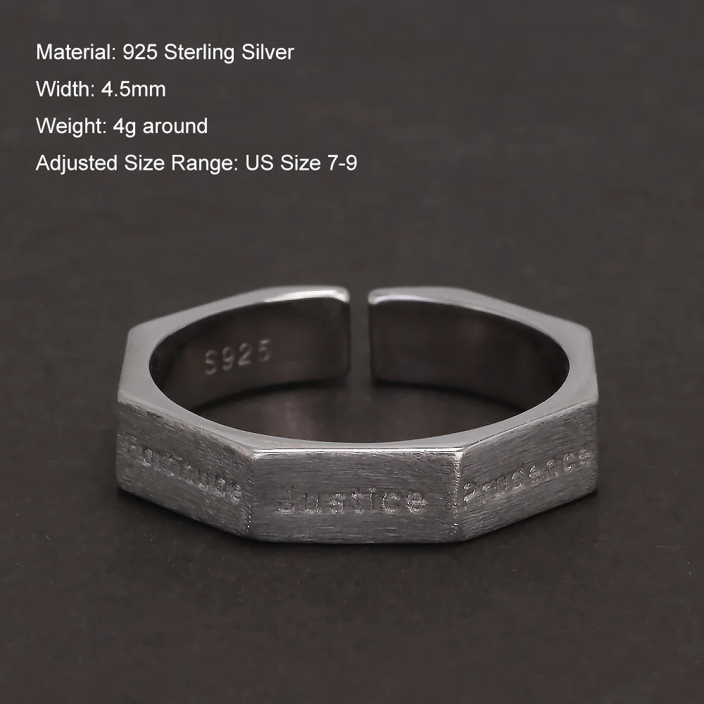 S925 Sterling Silver Faith Virtue Christian Ring for Women Men Seven Virtues Engraved Band Adjustable Geometric Antiqued Jewelry