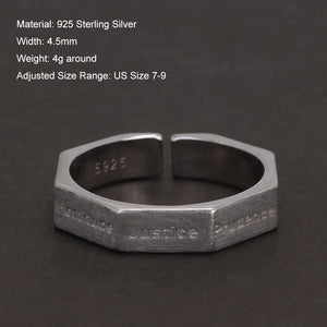 S925 Sterling Silver Faith Virtue Christian Ring for Women Men Seven Virtues Engraved Band Adjustable Geometric Antiqued Jewelry