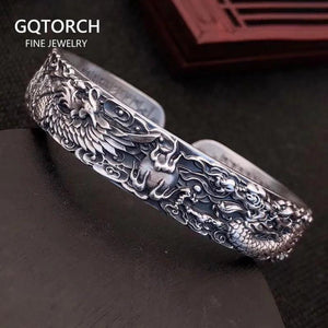 Real 999 Pure Silver Dragon and Phoenix Bangles for Men Heart Sutra Engraved Vintage Opening Adjustable Bracelet - GQTORCH Jewelry