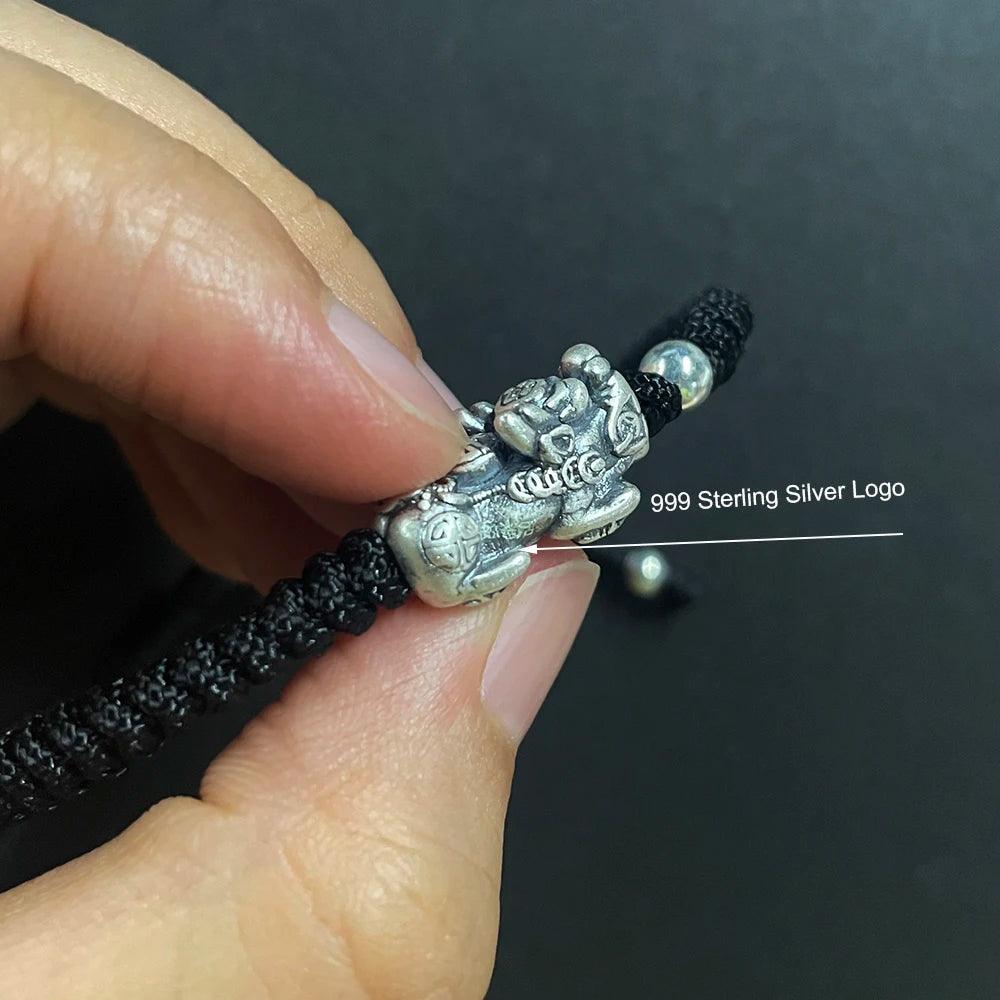Hand braided Lucky Red Rope Bracelet 999 Sterling Silver 3D Pixiu Tibetan Buddhist Knot Adjustable Charm Bracelet - GQTORCH Jewelry