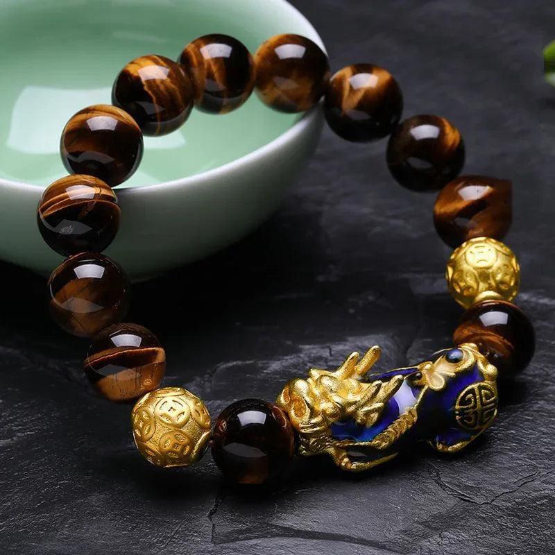 Natural Yellow Tiger Eye Black Onyx Beads Bracelet With Temperature Change Color Lucky Pixiu Brave Troops Fengshui Jewelry - GQTORCH Jewelry