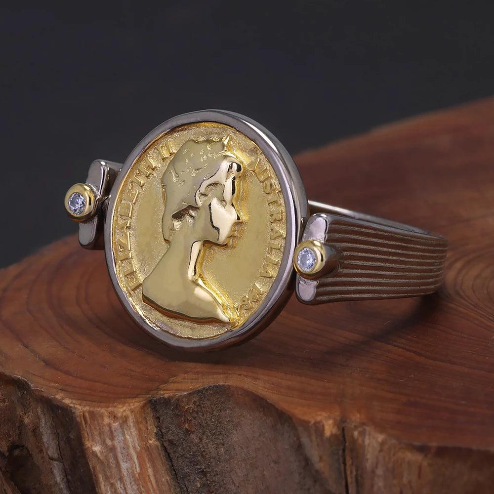 Queen Elizabeth Flipping Silver Coin Reversible Ring Women 925 Sterling Silver Gold Plated US Size 7 Rotating Vintage Jewelry - GQTORCH Jewelry