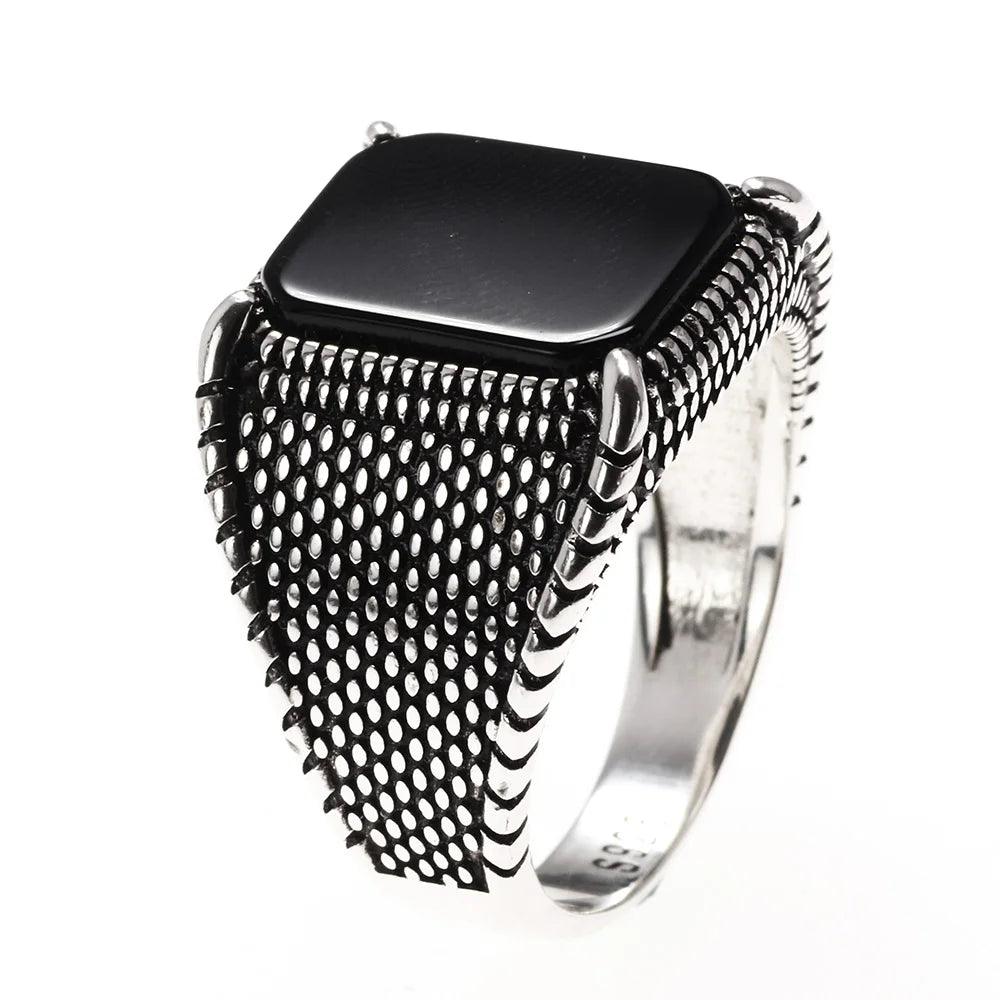 Real 925 Sterling Silver Mens Rings Black Natural Agate Stone With Claws Vintage Cool Fashion Turkey Jewelry - GQTORCH Jewelry