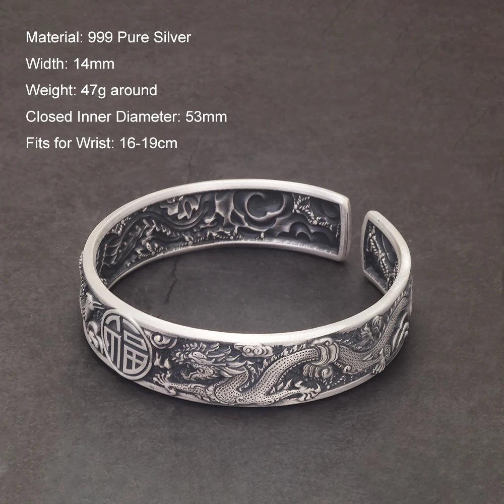 999 Pure Silver Dragon Phoenix Blessing Open Cuff Bracelet Retro Men‘s Bangle Vintage Chinese Auspicious Feng Shui Luck Jewelry - GQTORCH Jewelry
