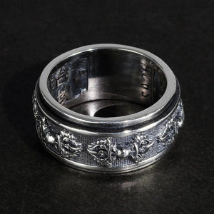 Real 925 Sterling Silver Vajry Rings For Men 10mm Rotatable Shift Luck Scriptures Engraved Tibetan Buddhist Jewelry - GQTORCH Jewelry