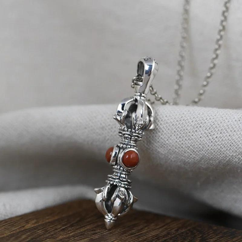 Real Solid 925 Sterling Silver Buddhism Vajra Pendant For Men and Women with Natural Lapis Turquoise Onyx Stone Amulet Jewelry - GQTORCH Jewelry