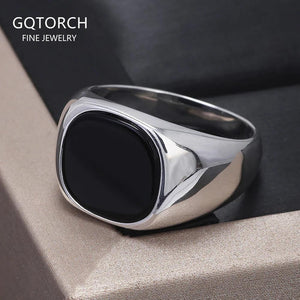 S925 Sterling Silver Black Onyx Signet Ring for Men Trendy Retro Smooth Punk Rock Party Jewelry Pinky Ring Wedding Accessories - GQTORCH Jewelry