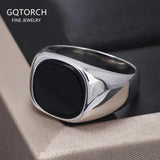 S925 Sterling Silver Black Onyx Signet Ring for Men Trendy Retro Smooth Punk Rock Party Jewelry Pinky Ring Wedding Accessories - GQTORCH Jewelry