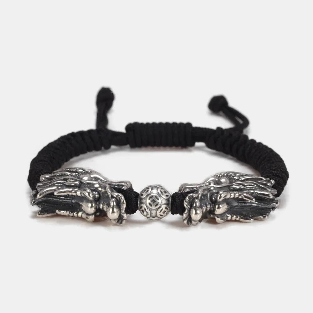Sterling Silver 999 3D Double Dragon Head Bracelet for Men and Women Pure Handwoven Lucky Rope Bracelet Chinese Knot Jewelry - GQTORCH Jewelry
