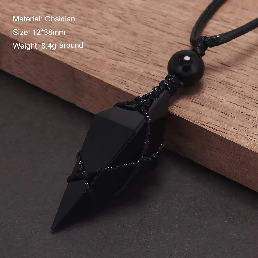 Natural Stone Geometric Pendant Necklace for Men Black Obsidian Blue Sandstone Adjusted Leather Rope Retro Vintage Jewelry