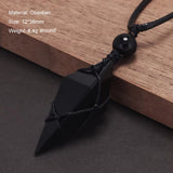 Natural Stone Geometric Pendant Necklace for Men Black Obsidian Blue Sandstone Adjusted Leather Rope Retro Vintage Jewelry