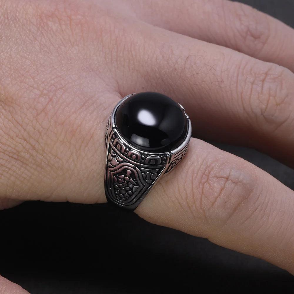 Real Pure 925 Silver Rings Cool Vintage Ring With Round Black Natural Stones Turkish Rings For Men Sterling Silver Jewelry - GQTORCH Jewelry