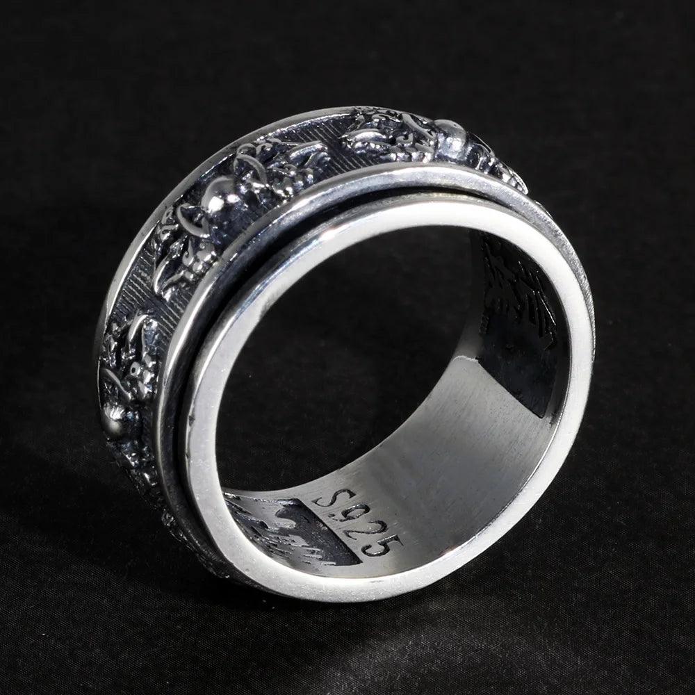 Real 925 Sterling Silver Vajry Rings For Men 10mm Rotatable Shift Luck Scriptures Engraved Tibetan Buddhist Jewelry - GQTORCH Jewelry