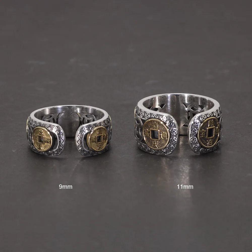 Real 925 Sterling Silver Men and Women's Five-emperor Coin Hollow-out Ring Adjustable Exquisite Vintage Good Lucky Jewelry - GQTORCH Jewelry