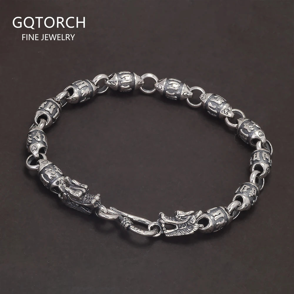 Solid 925 Silver Dragon Heads Six-words Bracelet for Men Women Mantra Beaded Chain Retro Punk Style Unisex Jewelry