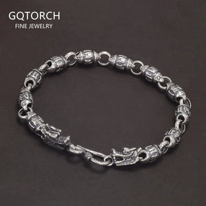 Solid 925 Silver Dragon Heads Six-words Bracelet for Men Women Mantra Beaded Chain Retro Punk Style Unisex Jewelry