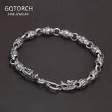 Solid 925 Silver Dragon Heads Six-words Bracelet for Men Women Mantra Beaded Chain Retro Punk Style Unisex Jewelry
