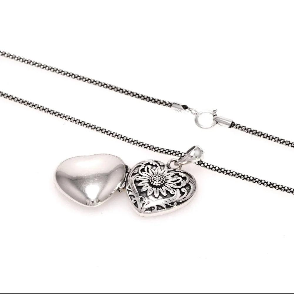 Sunflower Heart Shaped Locket Necklace That Holds Pictures Photo Keep Someone Near to You 925 Sterling Silver Custom Jewelry - GQTORCH Jewelry