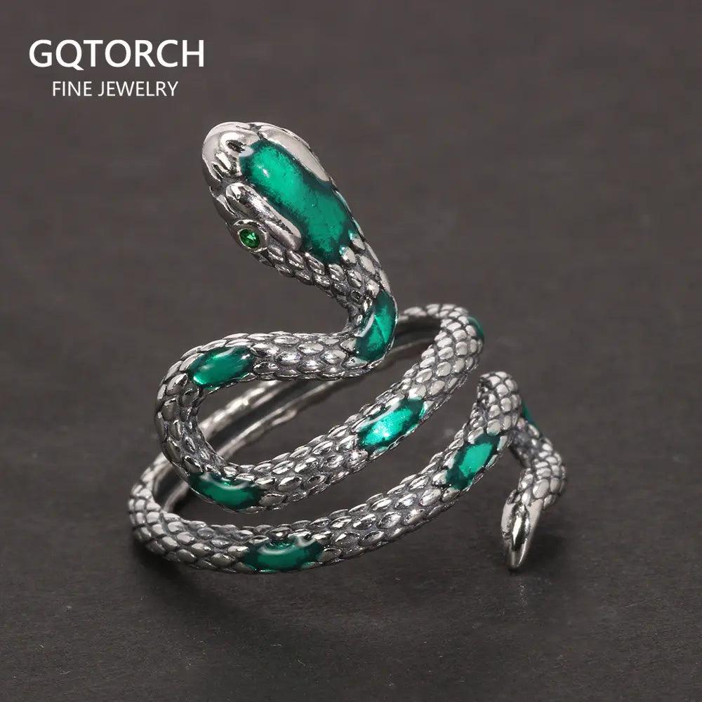 S925 Sterling Silver Snake Rings For Women with Green Zircon Stone Antique Punk Adjustable Animal Jewelry - GQTORCH Jewelry