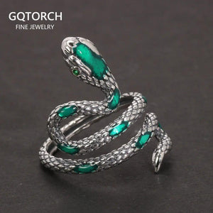 S925 Sterling Silver Snake Rings For Women with Green Zircon Stone Antique Punk Adjustable Animal Jewelry - GQTORCH Jewelry