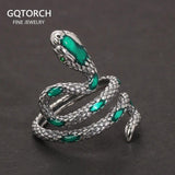 S925 Sterling Silver Snake Rings For Women with Green Zircon Stone Antique Punk Adjustable Animal Jewelry - GQTORCH Jewelry