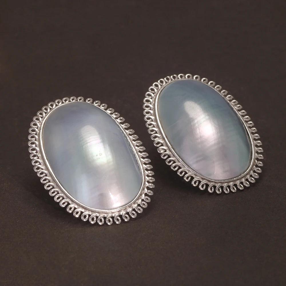 925 Sterling Silver Mabe Pearl Ring Stud Earrings for Women Exaggerated Large Statement Party Jewelry Gift - GQTORCH Jewelry