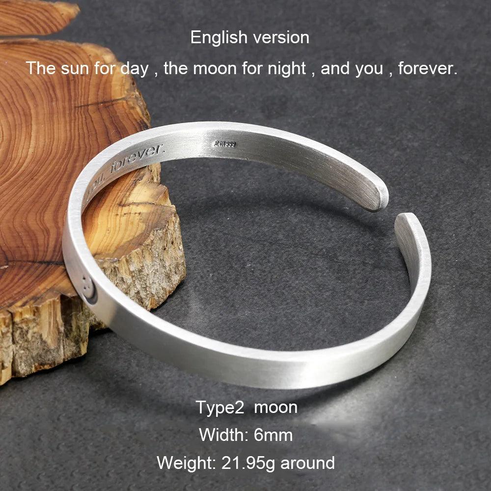 Solid 999 Sterling Silver Jewelry Couple Bangles for Lovers' Sun and Moon Engraved Design Retro Punk Steampunk Accessories - GQTORCH Jewelry