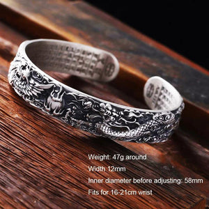 Real 999 Pure Silver Dragon and Phoenix Bangles for Men Heart Sutra Engraved Vintage Opening Adjustable Bracelet - GQTORCH Jewelry