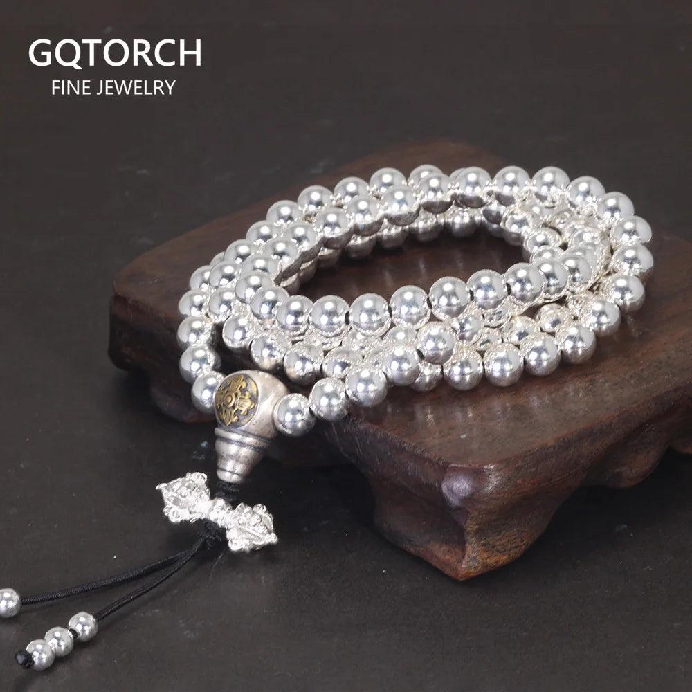 Real 925 Sterling Silver Multi Layers Round 108 Beads Bracelet For Women Buddhist Handmade DIY Beaded Jewelry - GQTORCH Jewelry