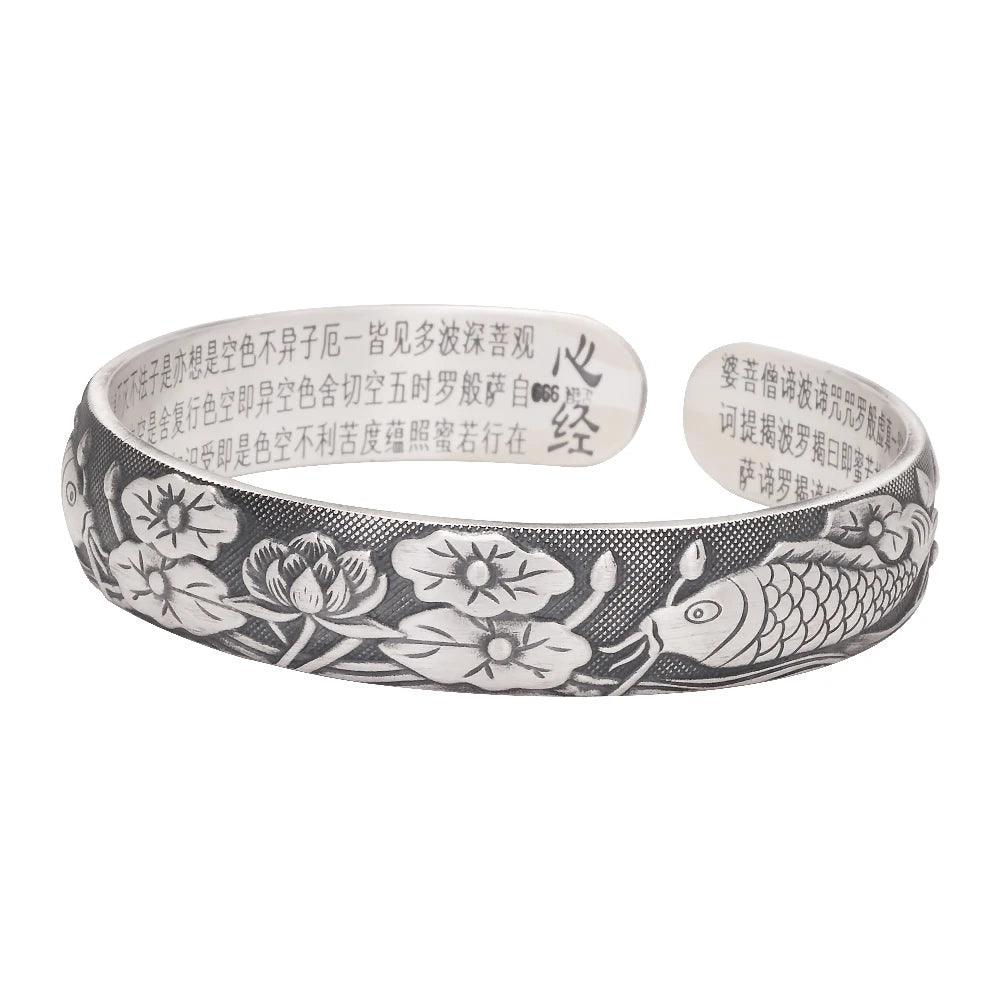 999 Pure Silver Buddhist Fish Lotus Bracelet Heart Sutra Engraved Open Cuff Bangle Vintage Adjustable Handmade Spiritual Jewelry - GQTORCH Jewelry