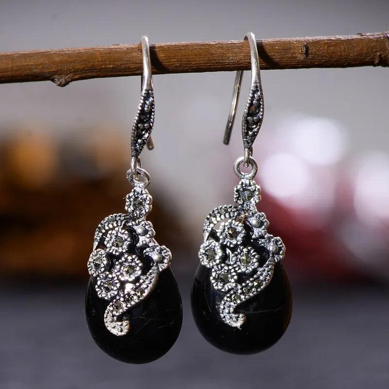 Vintage Dangling Earrings Real 925 Sterling Silver Jewelry Natural Garnet Red Stone Carved Flower Drop Shaped Earrings for Women - GQTORCH Jewelry