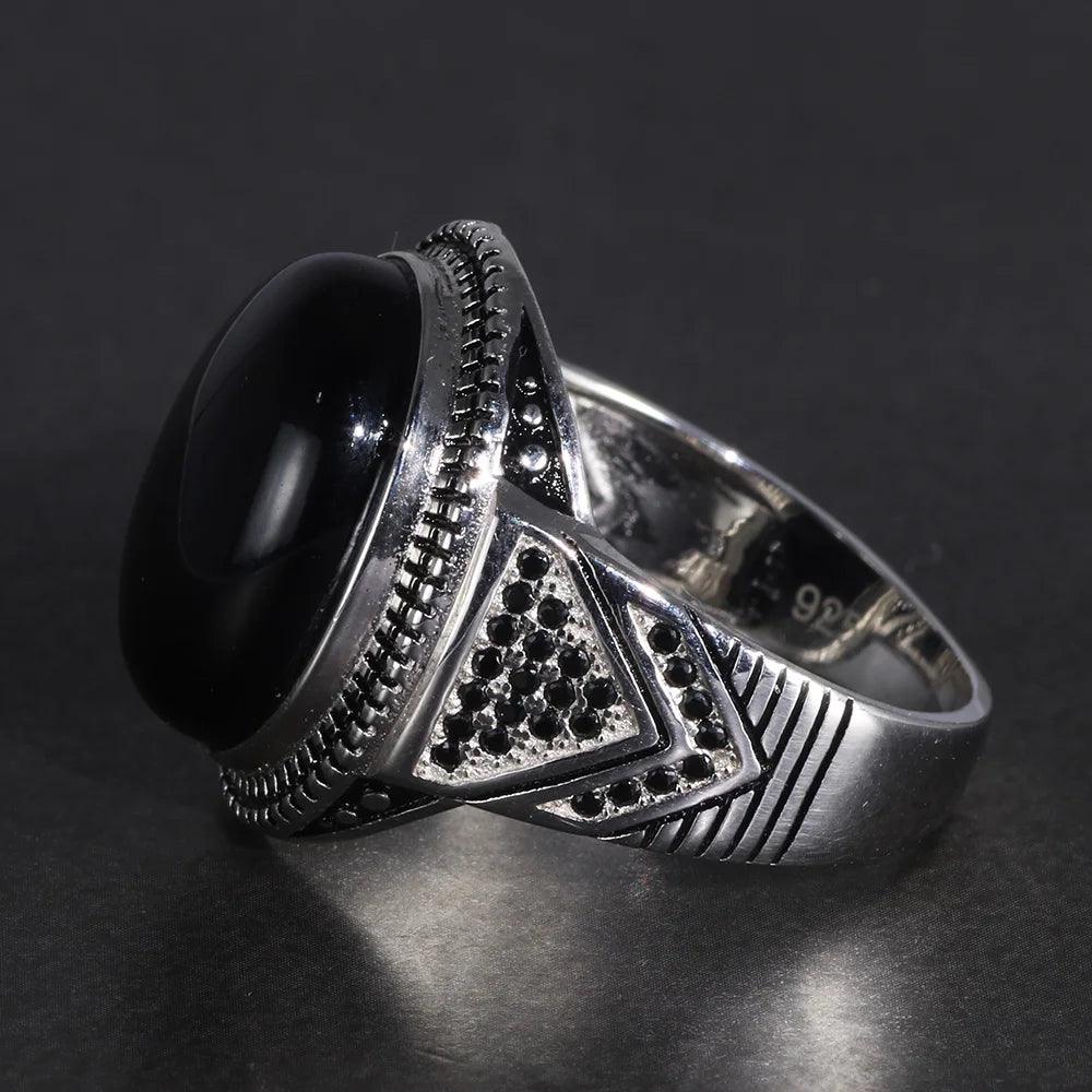 Real Pure 925 Silver Rings Cool Antique Turkey Ring For Men With Natural Stone Oval Black Onyx Turkish Jewellery Anelli Uomo - GQTORCH Jewelry