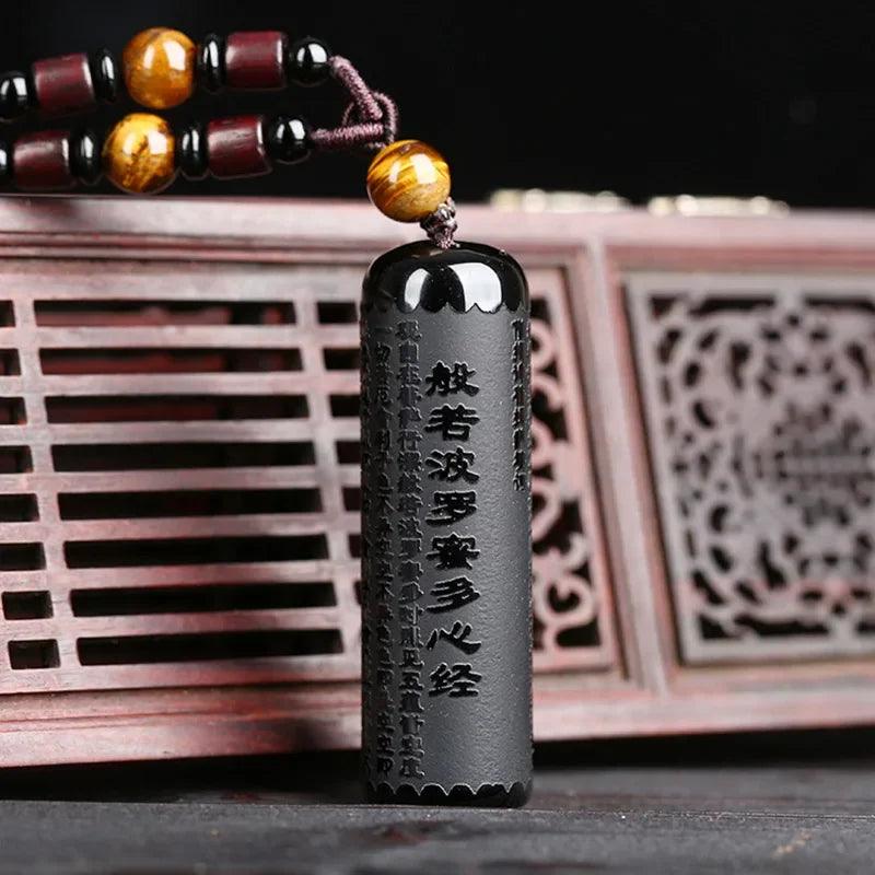 Natural Black Obsidian Prajna Paramita Sutra Engraved Buddha Necklace Pendant Lucky Tiger Eyes Beads Rope Chain For Men Women - GQTORCH Jewelry