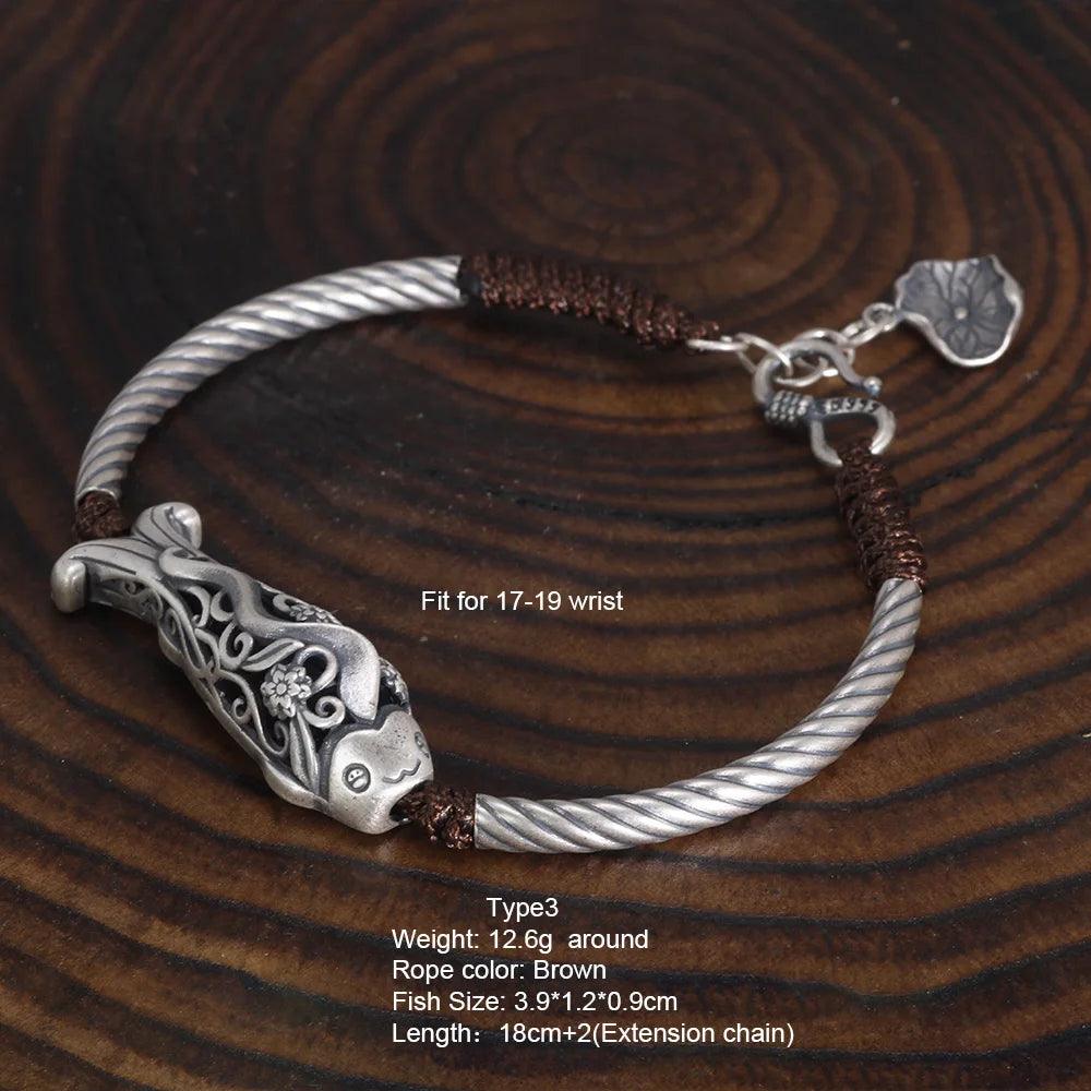 999 Silver Men and Women Pixiu Lucky Handmade Bracelet Leather Rope Adjustable Bracelet Lotus Leaf Fashion Animal Fish Jewelry - GQTORCH Jewelry